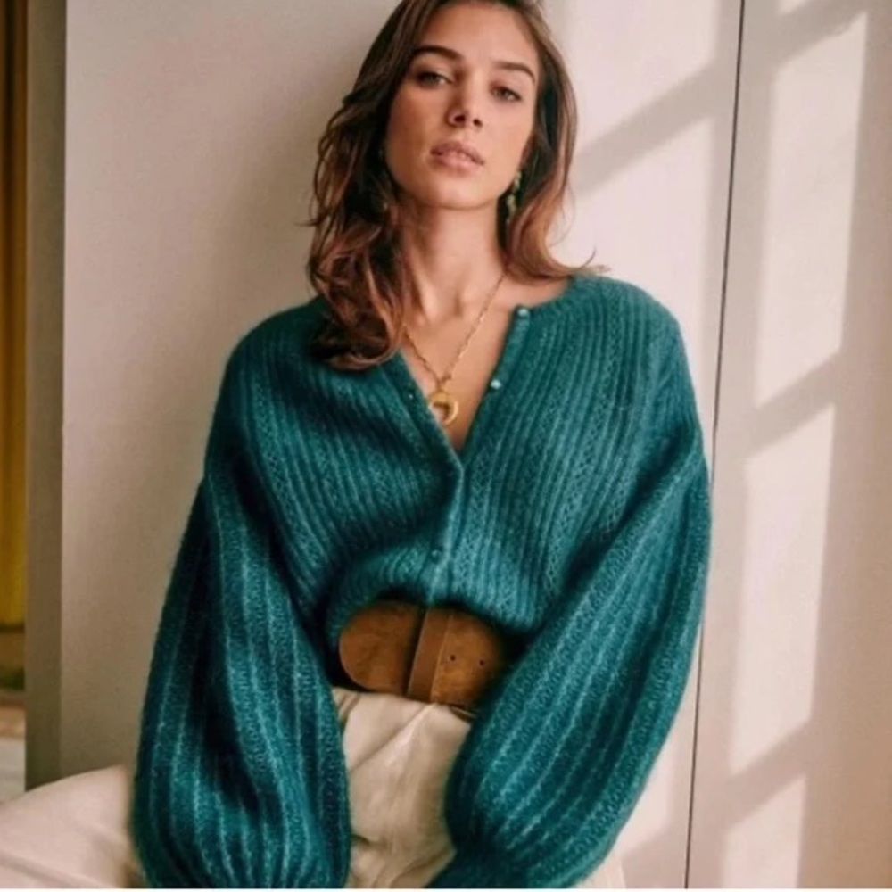 SEZANE Emerald Teal Green Mohair Wool Balloon Sleeve Alyssa Cardigan Sweater - Picture 8 of 13